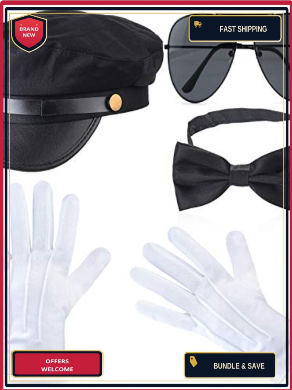 Chauffeur Costume Set Hat Gloves Tie Sunglasses Cosplay Accessory Set